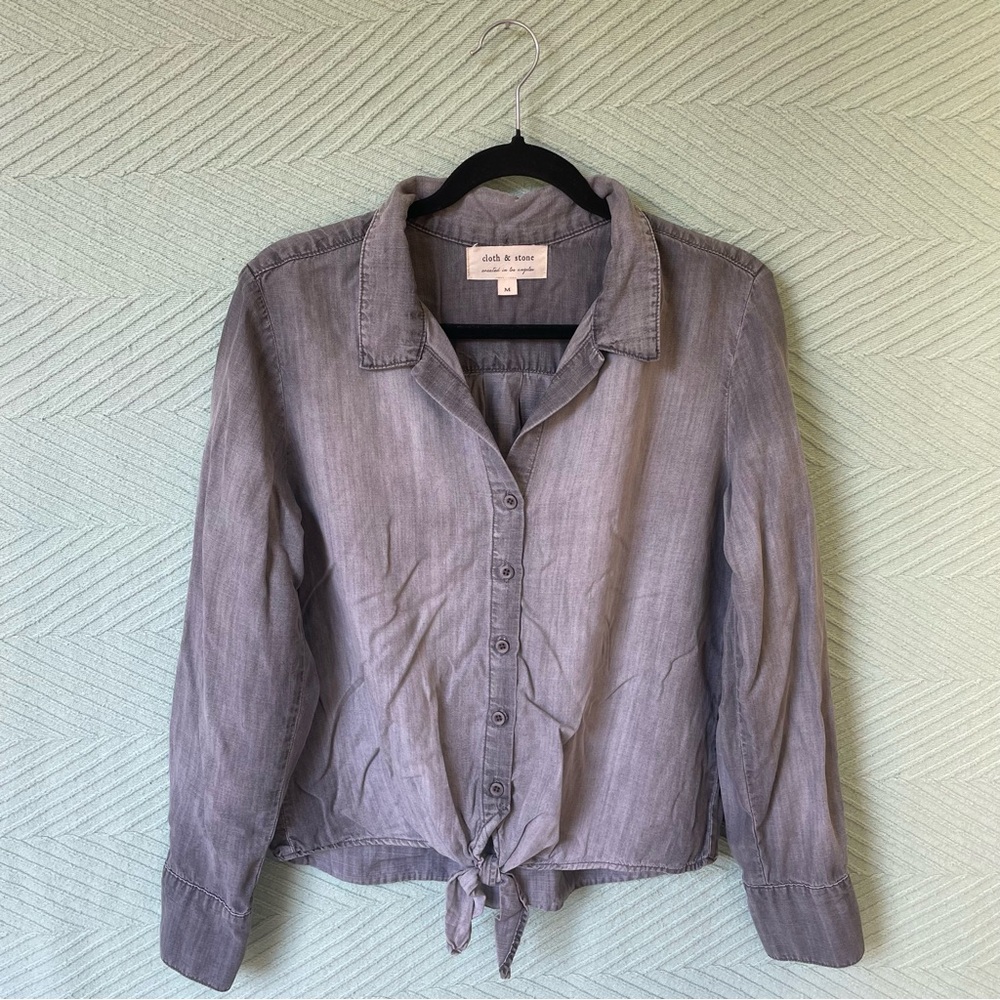 Cloth & Stone Anthropologie Front Tie Long Sleeve Grey Blouse